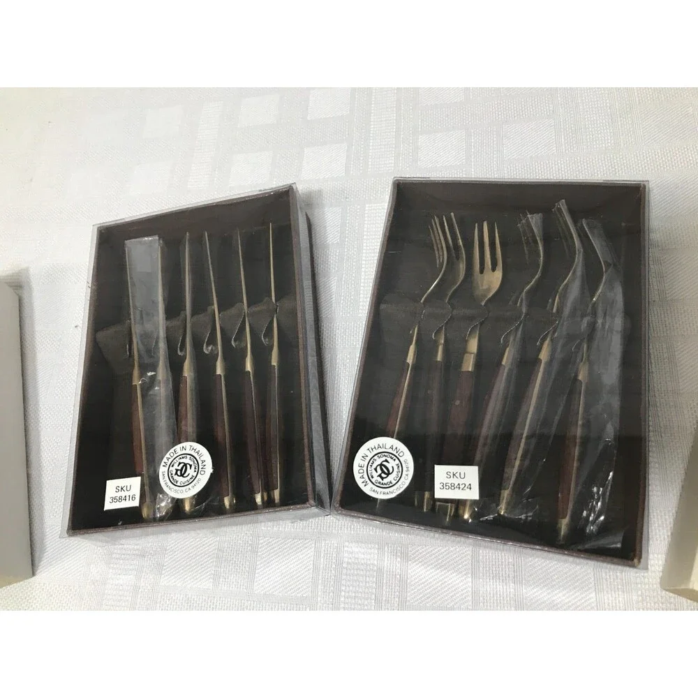 NEW! Williams Sonoma 6 Mini Forks 6 Mini Knives Knife Set Wood Handle Gold 5
